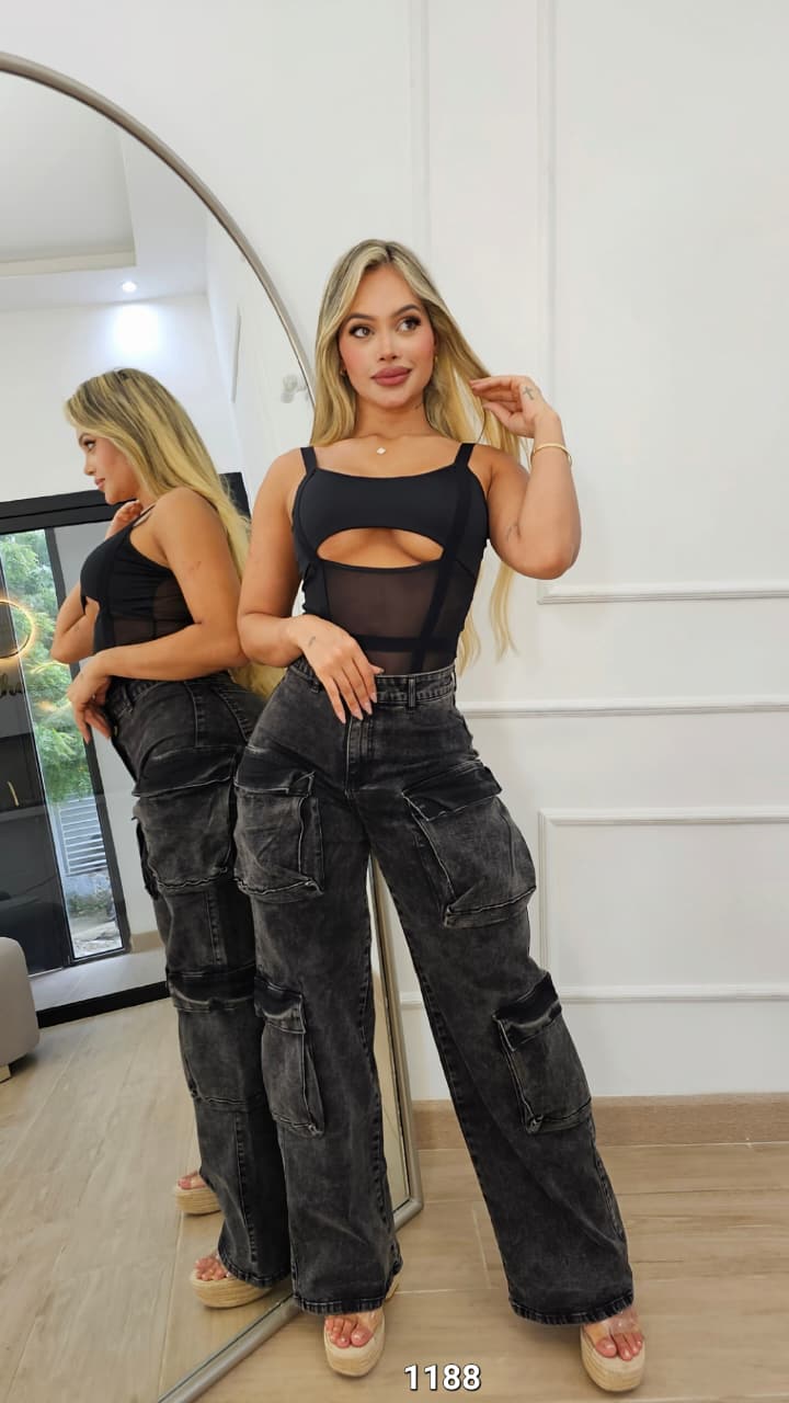 jeans cargo gris stretch  4  bolsillos